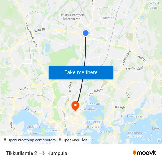 Tikkurilantie 2 to Kumpula map