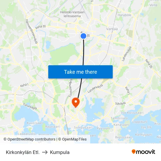 Church Village Interchange to Kumpula map
