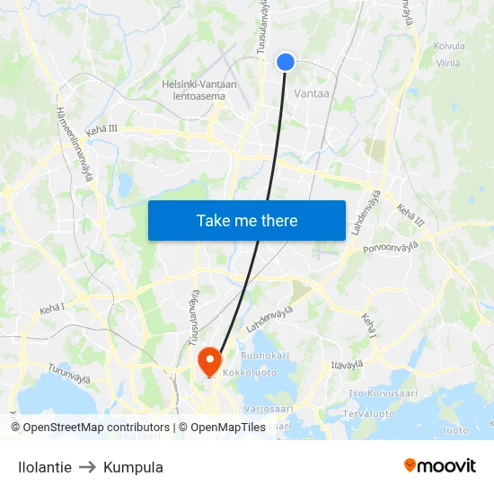 Ilolantie Road to Kumpula map