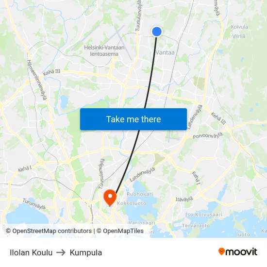 Ilola School to Kumpula map