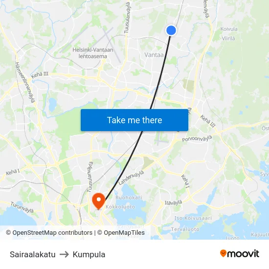 Sairaalakatu to Kumpula map
