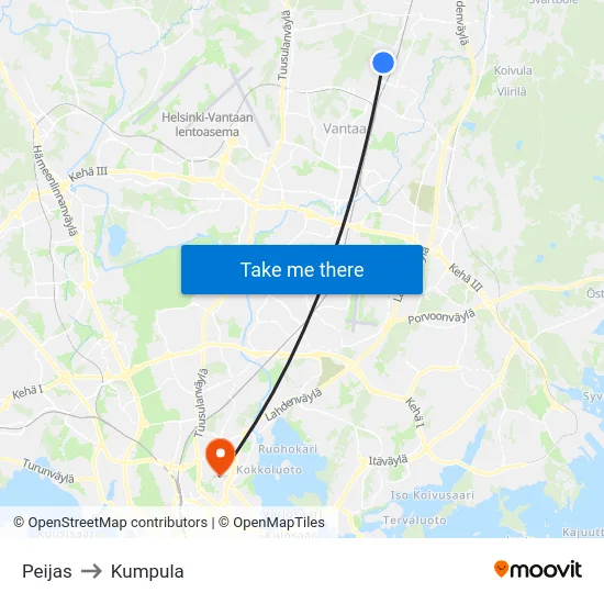 Peijas to Kumpula map