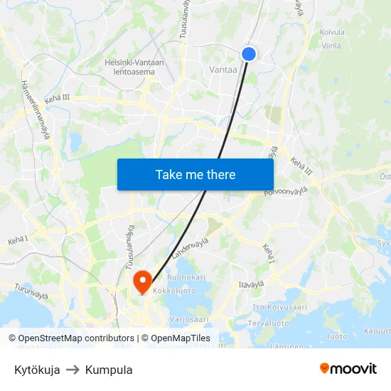 Kytökuja to Kumpula map