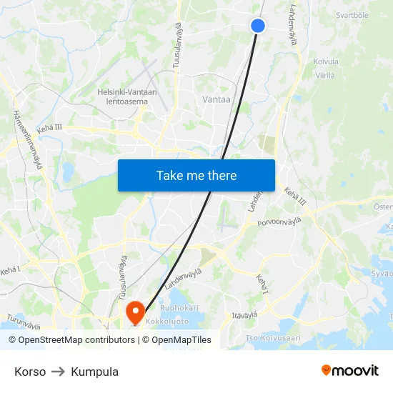 Korso to Kumpula map
