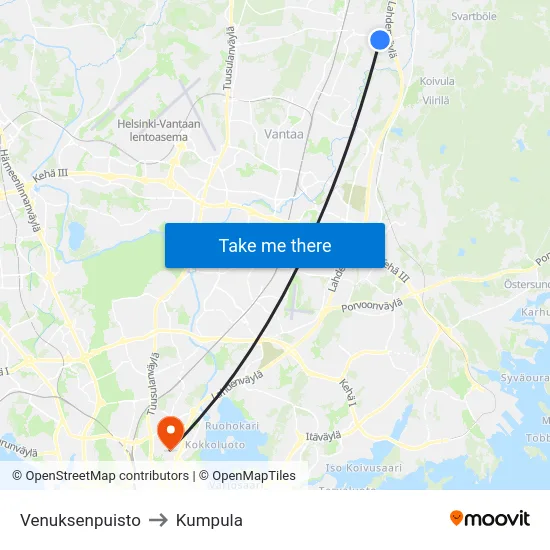 Venuksenpuisto to Kumpula map