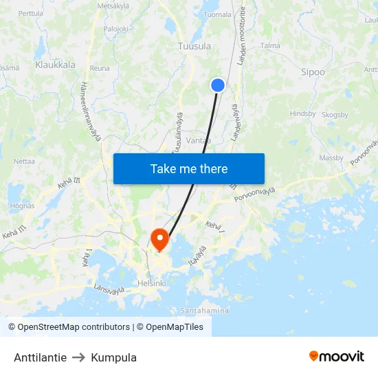 Anttilantie to Kumpula map