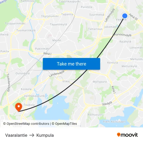 Vaaralantie to Kumpula map