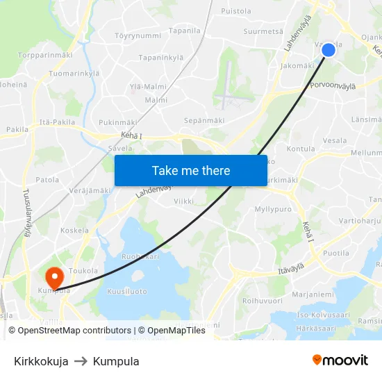 Church Lane to Kumpula map