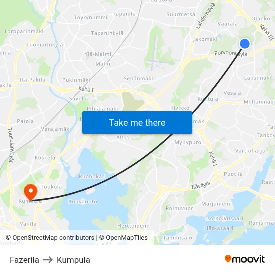 Fazerila to Kumpula map