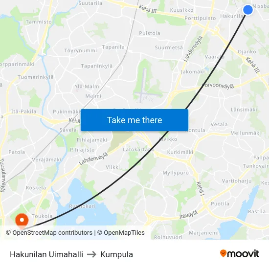 Hakunilan Uimahalli to Kumpula map