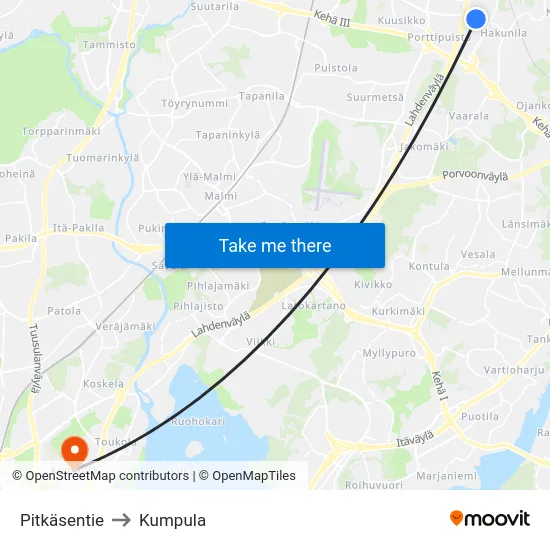 Pitkäsentie to Kumpula map
