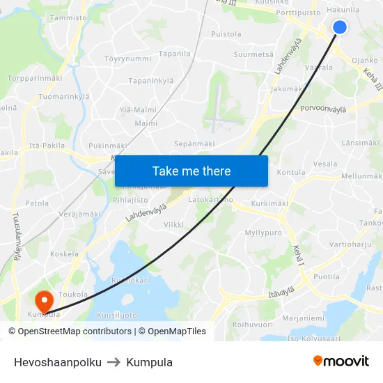 Hevoshaanpolku to Kumpula map