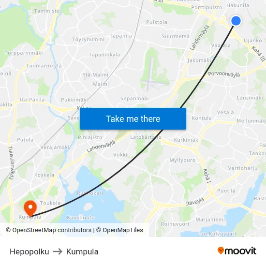 Hepopolku to Kumpula map