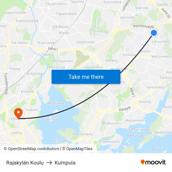 Rajakylän Koulu to Kumpula map
