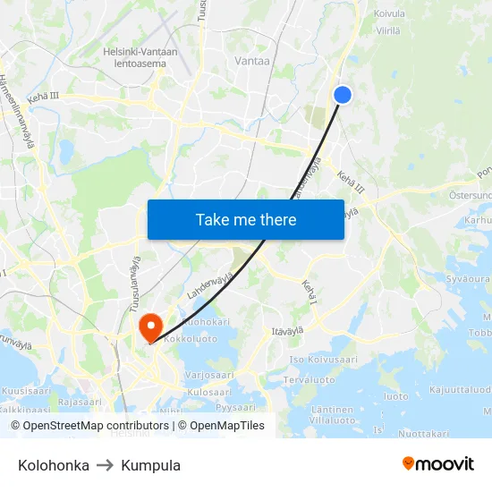 Kolohonka to Kumpula map