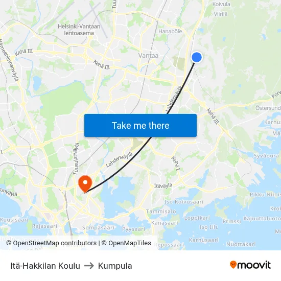 East Hakkila School to Kumpula map