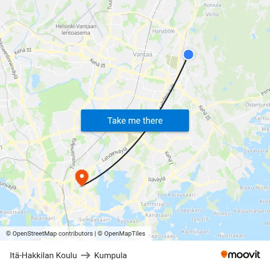 East Hakkila School to Kumpula map