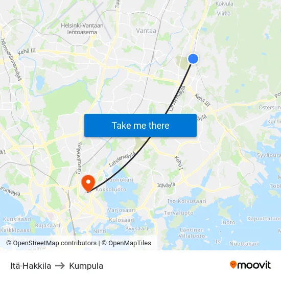 Itä-Hakkila to Kumpula map