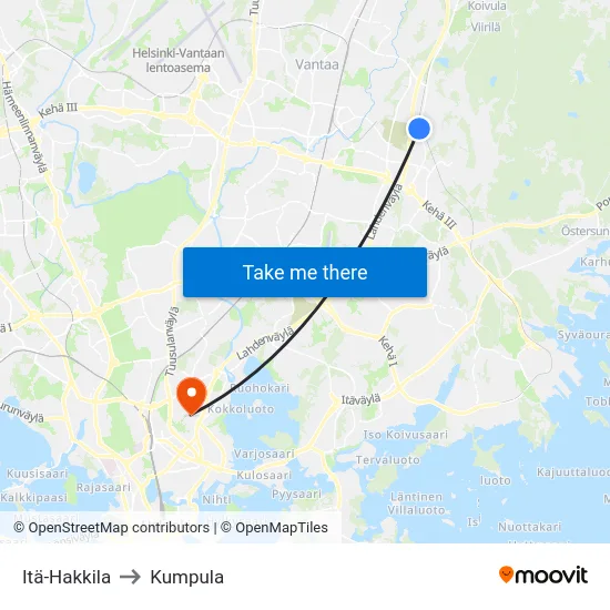 Itä-Hakkila to Kumpula map