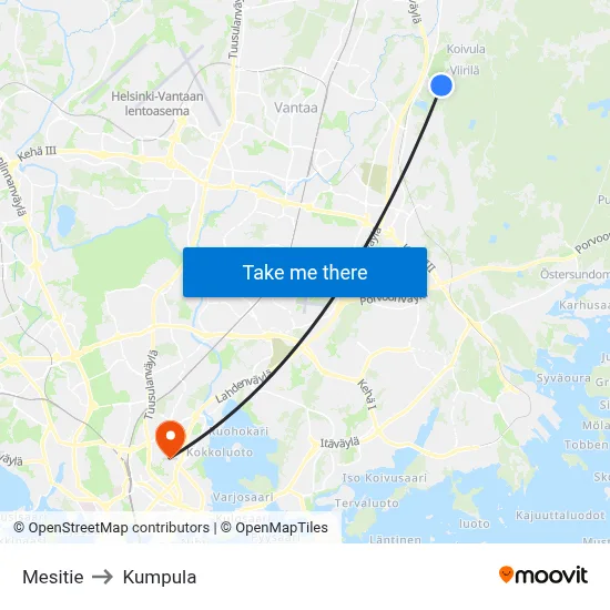 Mesitie to Kumpula map