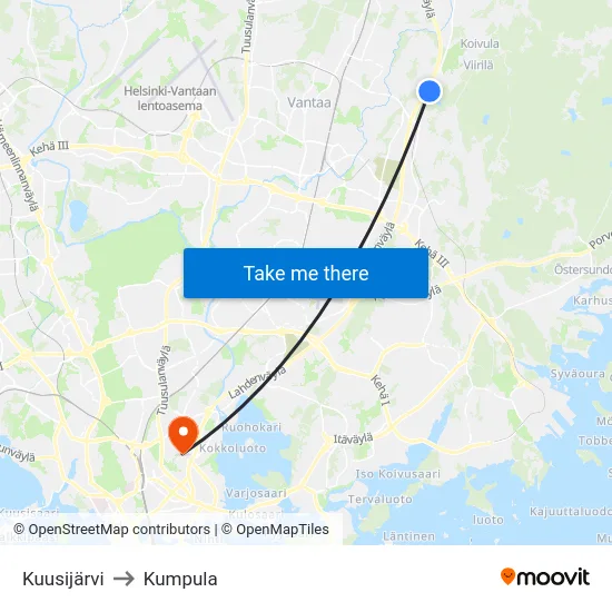 Kuusijärvi to Kumpula map