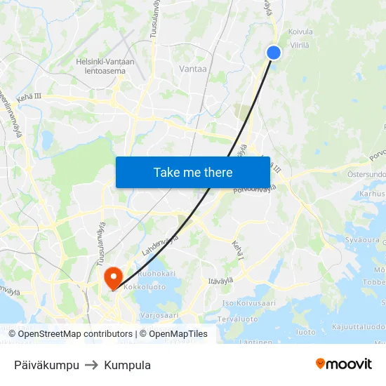 Päiväkumpu to Kumpula map