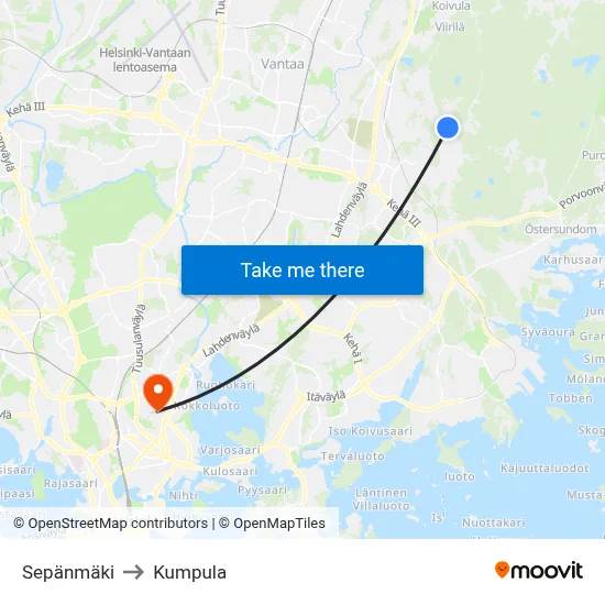 Sepänmäki to Kumpula map