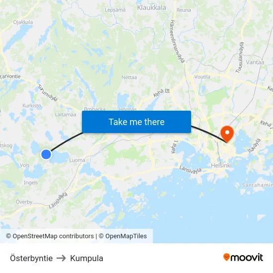 Österbyntie to Kumpula map