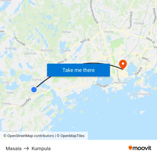 Masala to Kumpula map