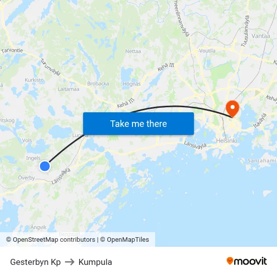 Gesterby Mall to Kumpula map