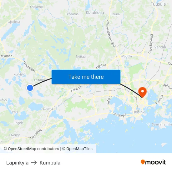 Lapinkylä to Kumpula map