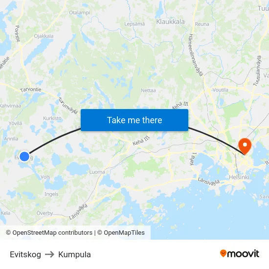 Evitskog to Kumpula map