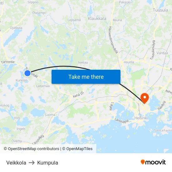 Veikkola to Kumpula map