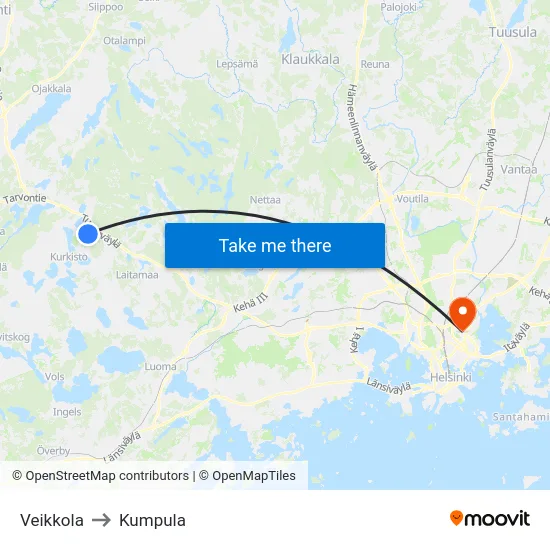 Veikkola to Kumpula map