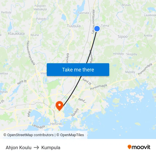 Ahjon Koulu to Kumpula map