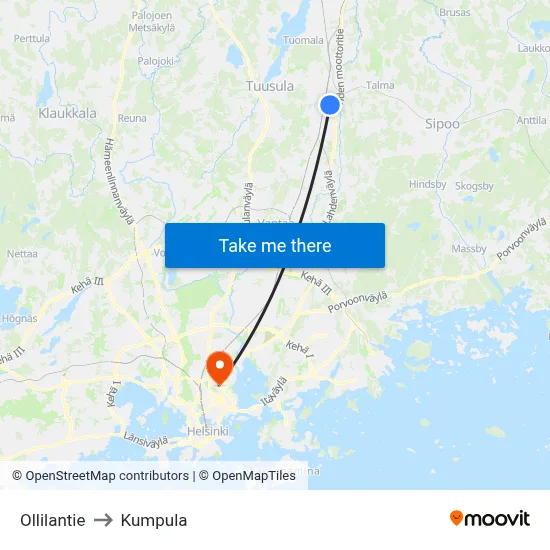 Ollilantie to Kumpula map