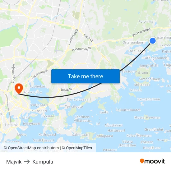 Majvik to Kumpula map