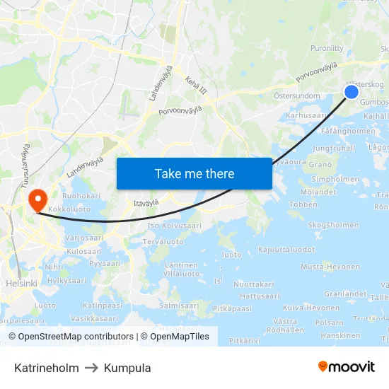 Katrineholm to Kumpula map