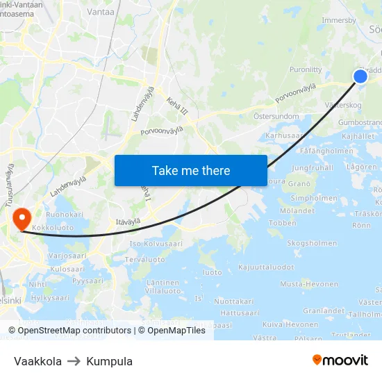 Vaakkola to Kumpula map