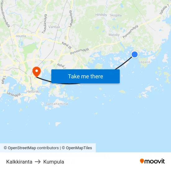 Kalkkiranta to Kumpula map