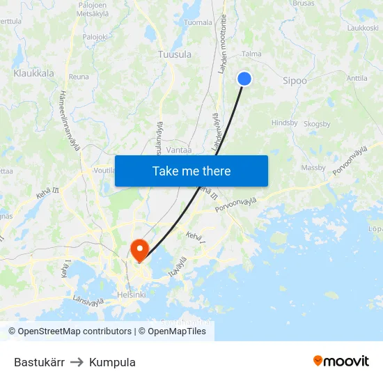 Bastukärr to Kumpula map