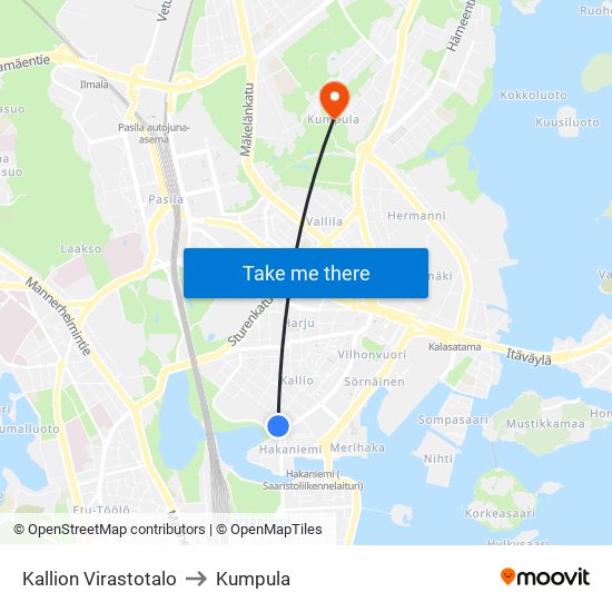 Kallion Virastotalo to Kumpula map