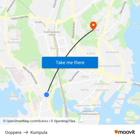 Ooppera to Kumpula map