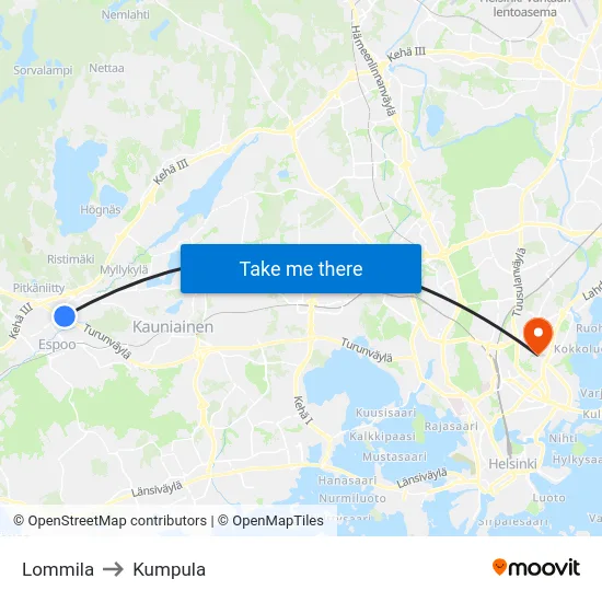 Lommila to Kumpula map