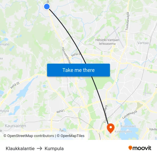 Klaukkalantie to Kumpula map