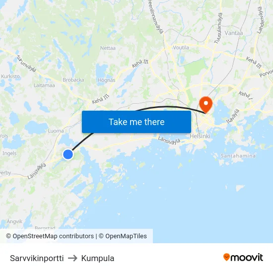 Sarvvikinportti to Kumpula map