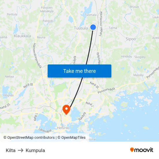 Kilta to Kumpula map
