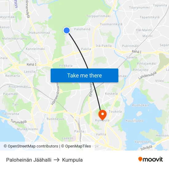 Paloheinän Jäähalli to Kumpula map