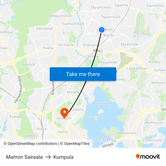 Malmin Sairaala to Kumpula map