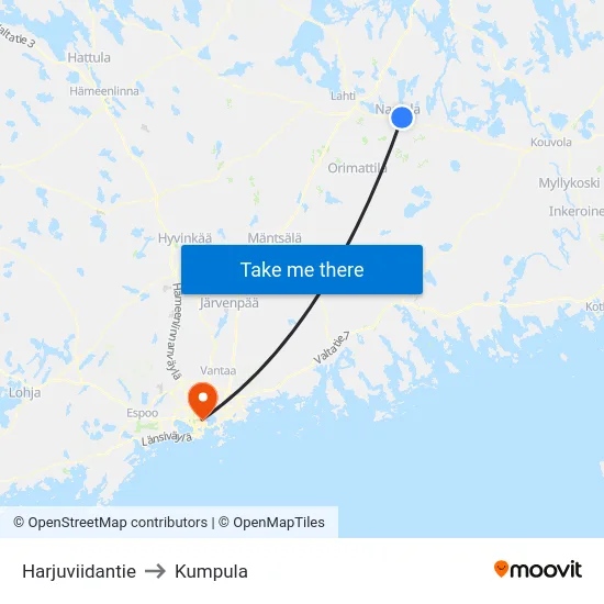 Harjuviidantie to Kumpula map